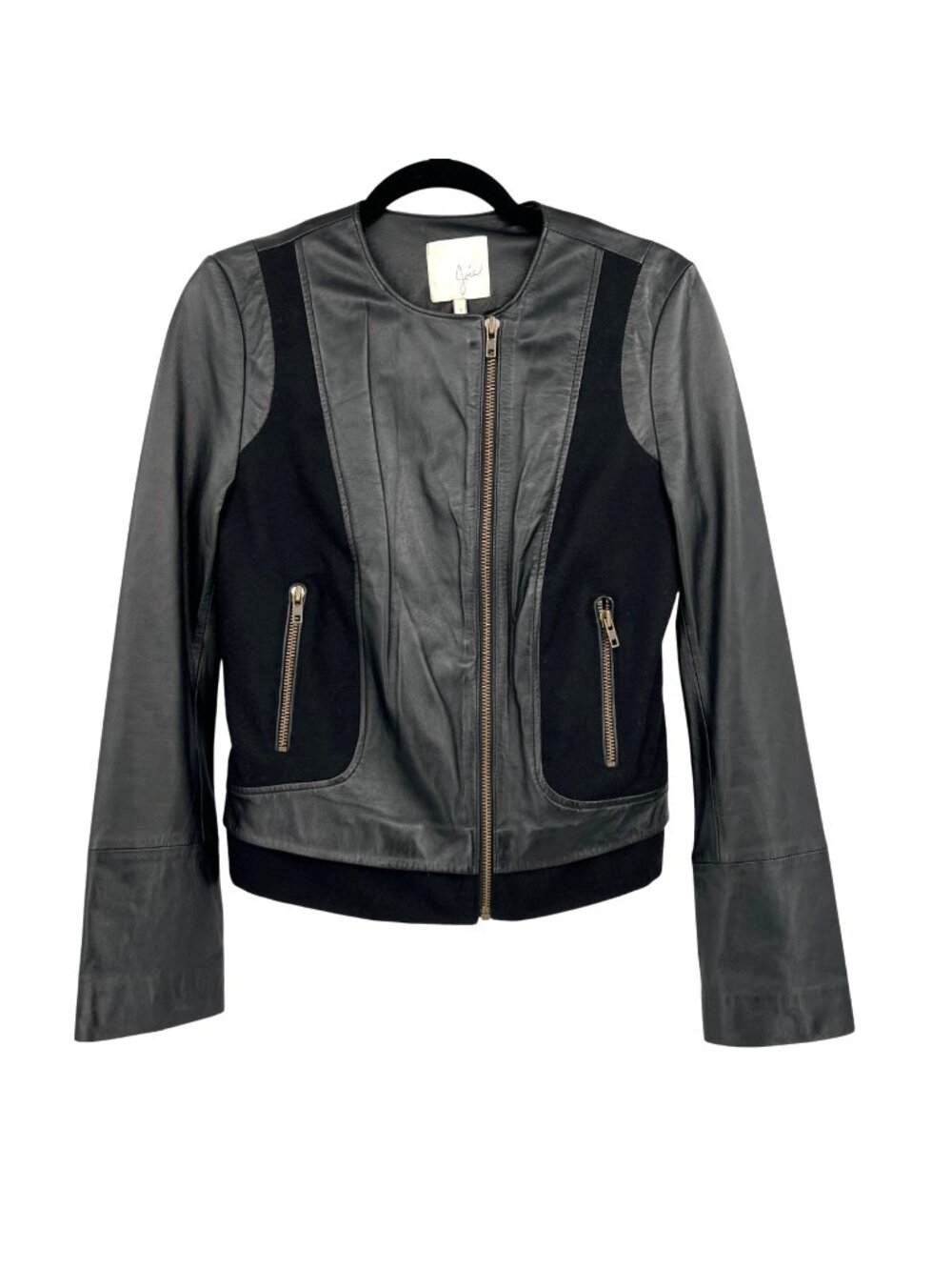 Joie Morina Black Lambskin Leather Jacket Contrast Wool Panels Size Small